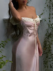 FJØRNA Coquette Princess satin maxi dress for women, elegant evening and formal wear, shown in a flowing satin design.