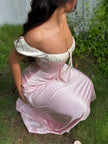 FJØRNA Coquette Princess satin maxi dress for women, elegant evening and formal wear with flowing fabric and fitted bodice.