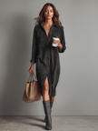 FJØRNA corduroy midi dress for women featuring a fitted silhouette, long sleeves, and a classic midi length in warm, textured fabric.