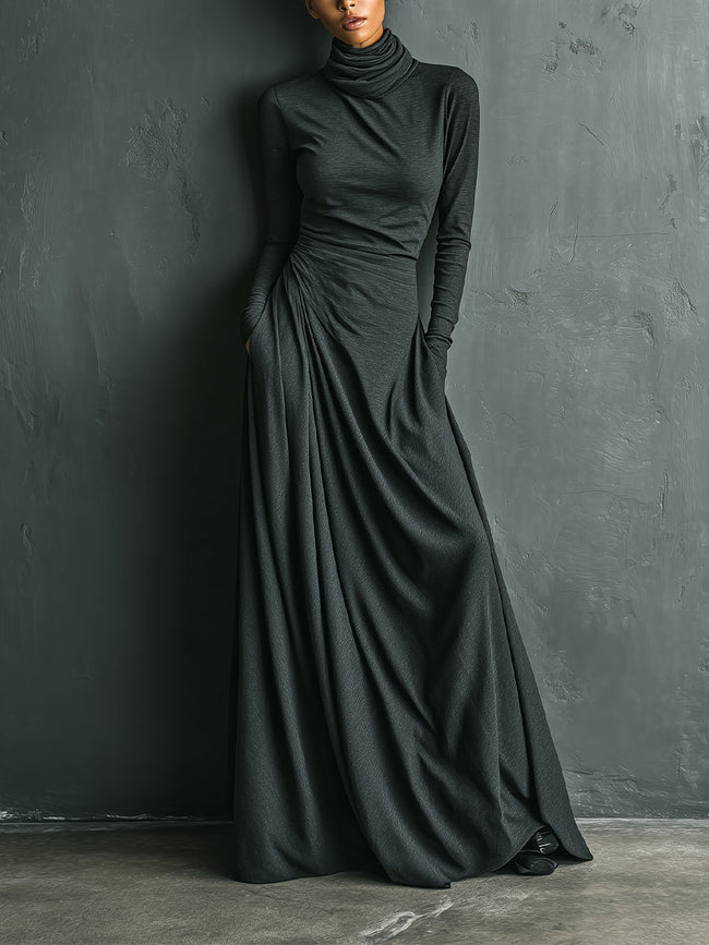 FJØRNA cotton turtleneck maxi dress, elegant evening dress in soft fabric, floor-length with long sleeves and fitted silhouette.