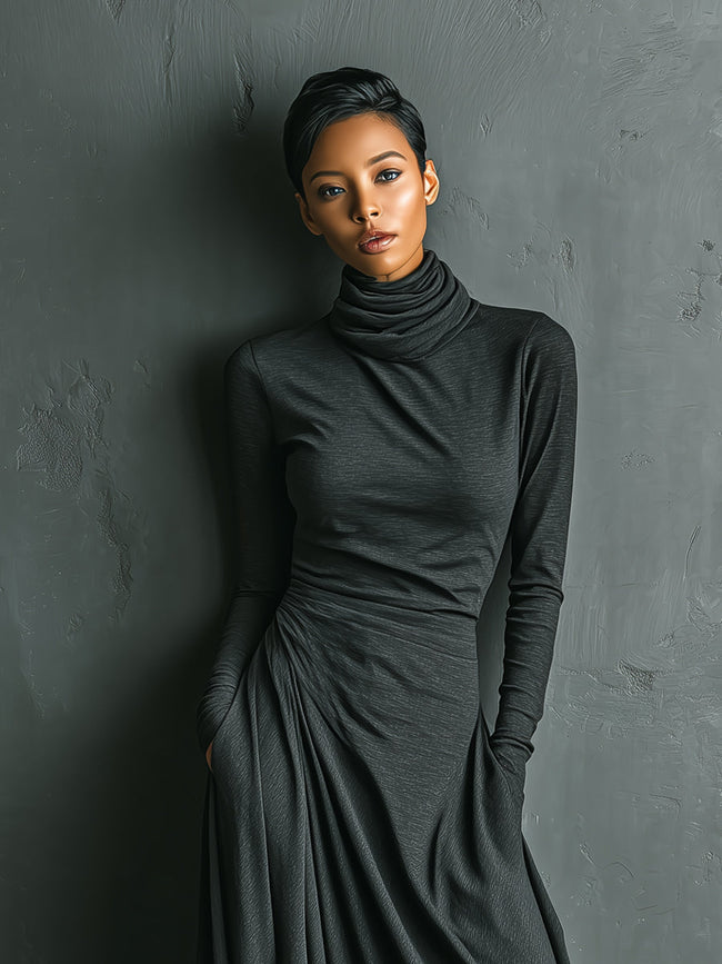 FJØRNA cotton turtleneck maxi dress, elegant evening dress with long sleeves and flowing silhouette, in a soft, breathable fabric.