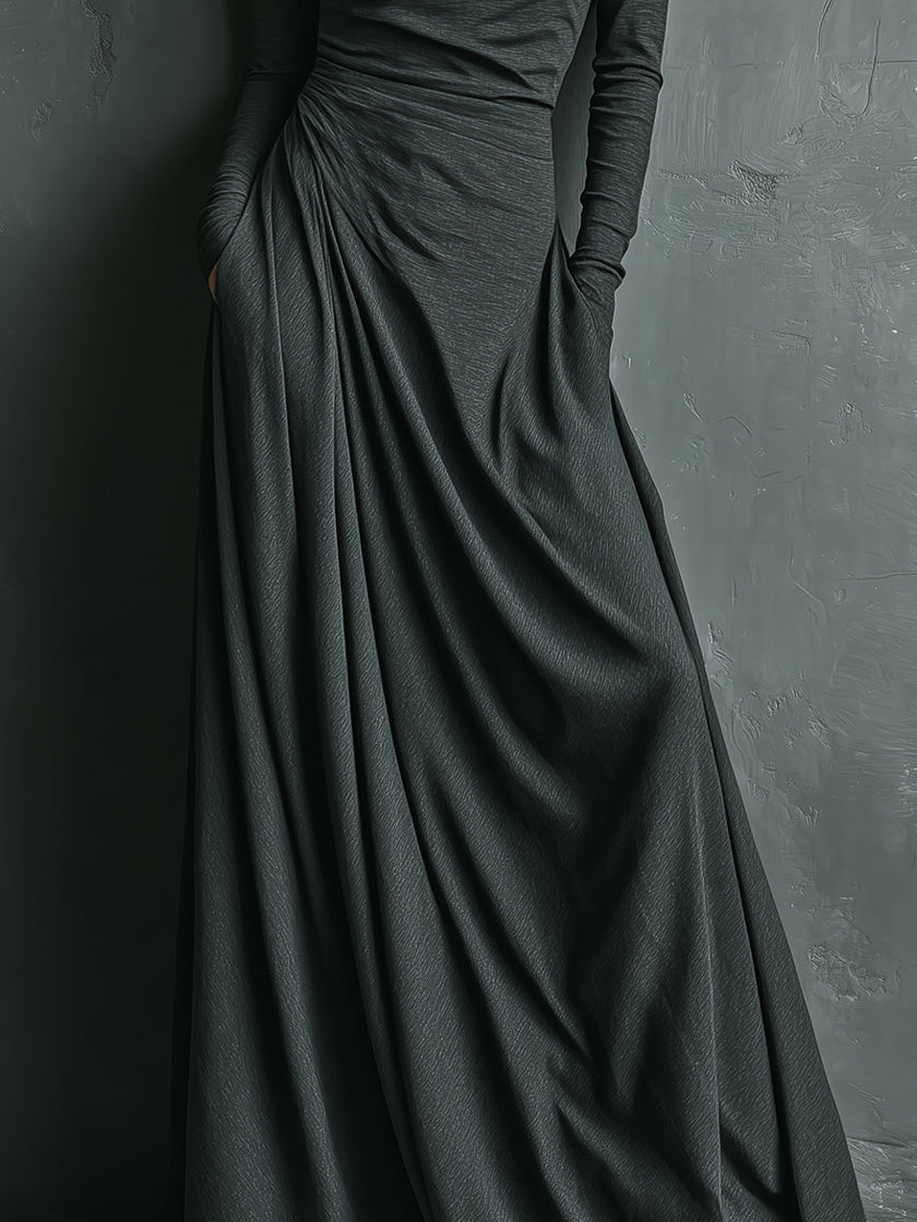 FJØRNA cotton turtleneck maxi dress, elegant evening dress in soft fabric with long sleeves and flowing silhouette.