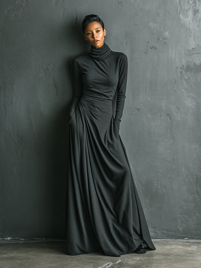 FJØRNA cotton turtleneck maxi dress, elegant evening dress in soft fabric, full-length with long sleeves and a fitted silhouette.