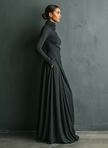 FJØRNA cotton turtleneck maxi dress, elegant evening dress in soft fabric, fitted bodice with long sleeves and flowing skirt.