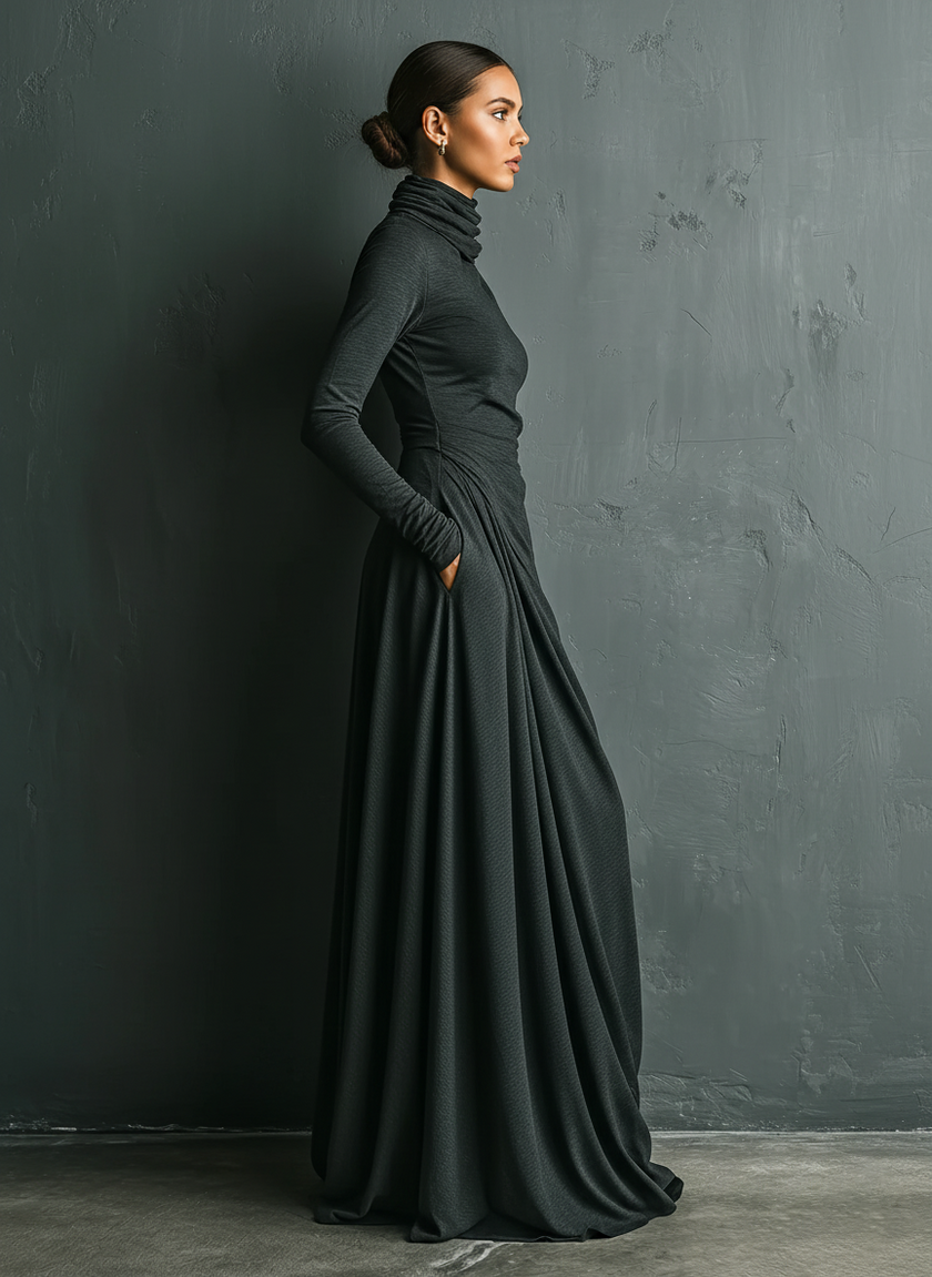 FJØRNA cotton turtleneck maxi dress, elegant evening dress in soft fabric, fitted bodice with long sleeves and flowing skirt.