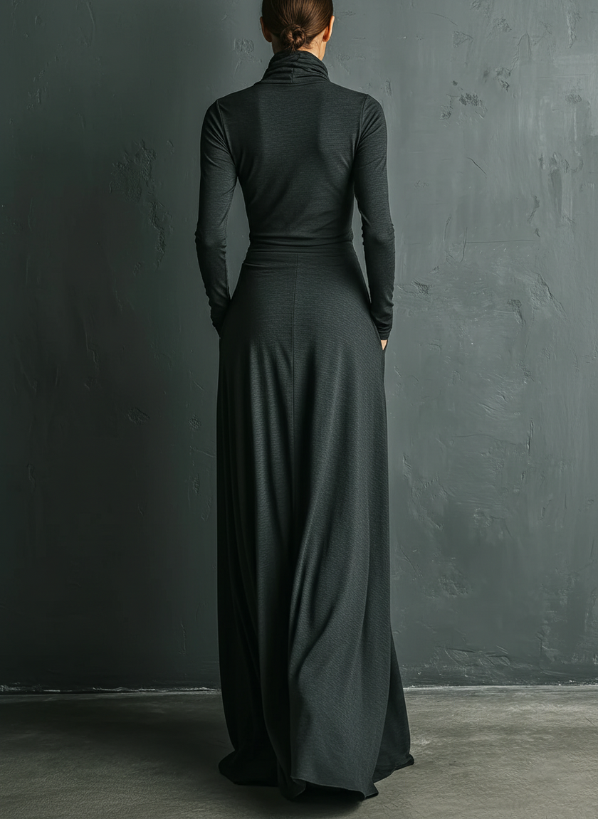 FJØRNA cotton turtleneck maxi dress, elegant evening dress in soft fabric, full-length with long sleeves and a fitted silhouette.