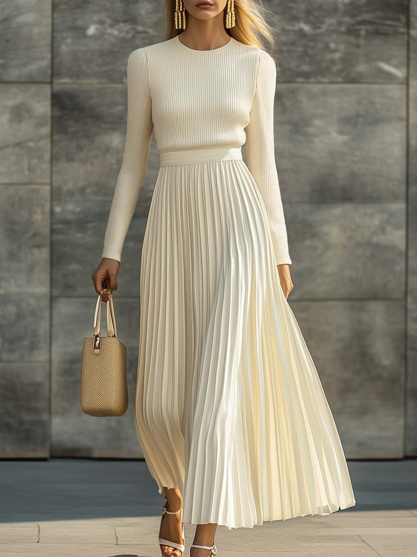 Cream Satin Pleated Maxi Dress