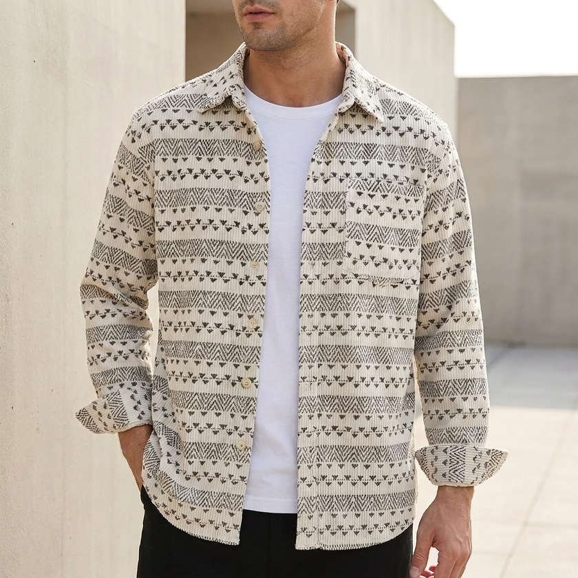 Cream geometric corduroy men's casual shirt with relaxed fit and button-front, by FJØRNA.