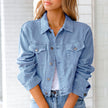 Denim Jacket Women Cropped Button Front Chest Pockets