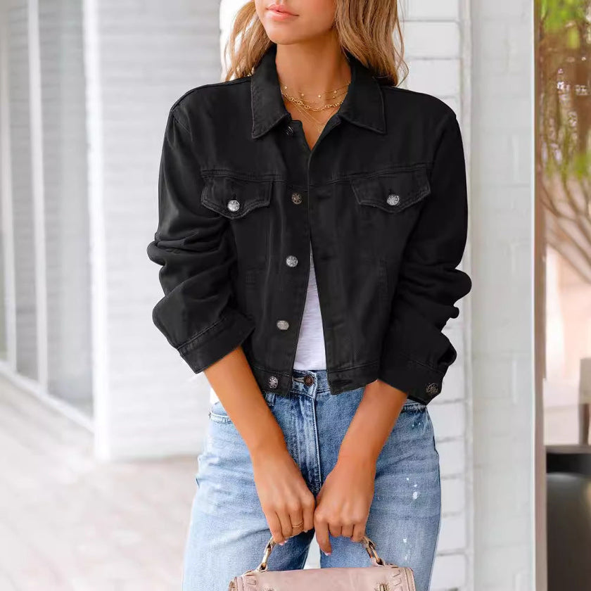 Denim Jacket Women Cropped Button Front Chest Pockets