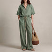 FJØRNA women's elegant two-piece co-ord set in cyan with drawstring details, stylish and comfortable for casual wear.