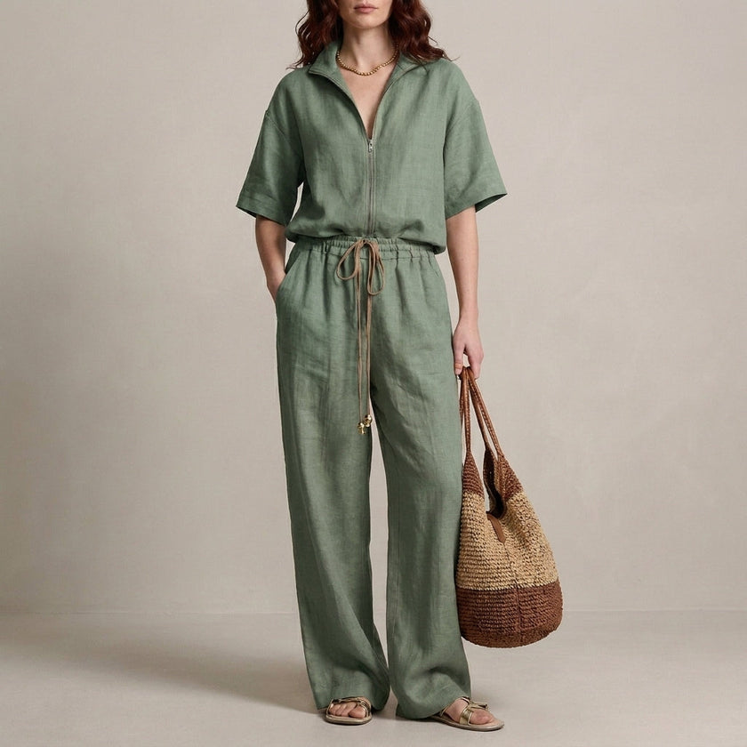 FJØRNA women's elegant two-piece co-ord set in cyan with drawstring details, stylish and comfortable for casual wear.