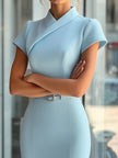 Sky blue FJØRNA asymmetric belted cocktail dress with stylish design, perfect for special occasions.