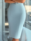 Sky blue FJØRNA asymmetric belted cocktail dress with flowing fabric and stylish design, perfect for elegant occasions.