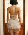 FJØRNA white beaded sequin embellished mini dress, cocktail dress with intricate beadwork and shimmering sequins, perfect for parties