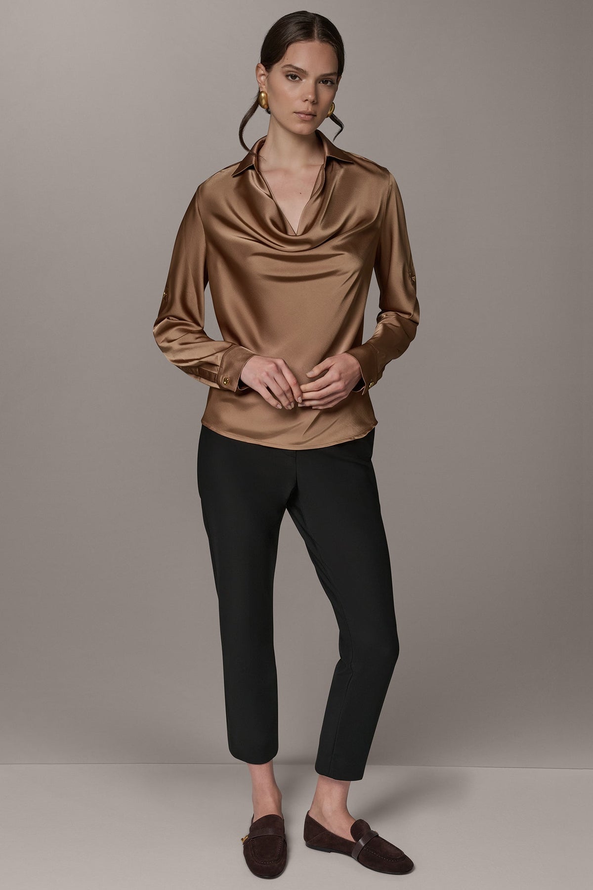 Satin Cowl-Neck Blouse with Roll-Tab Sleeves for Women
