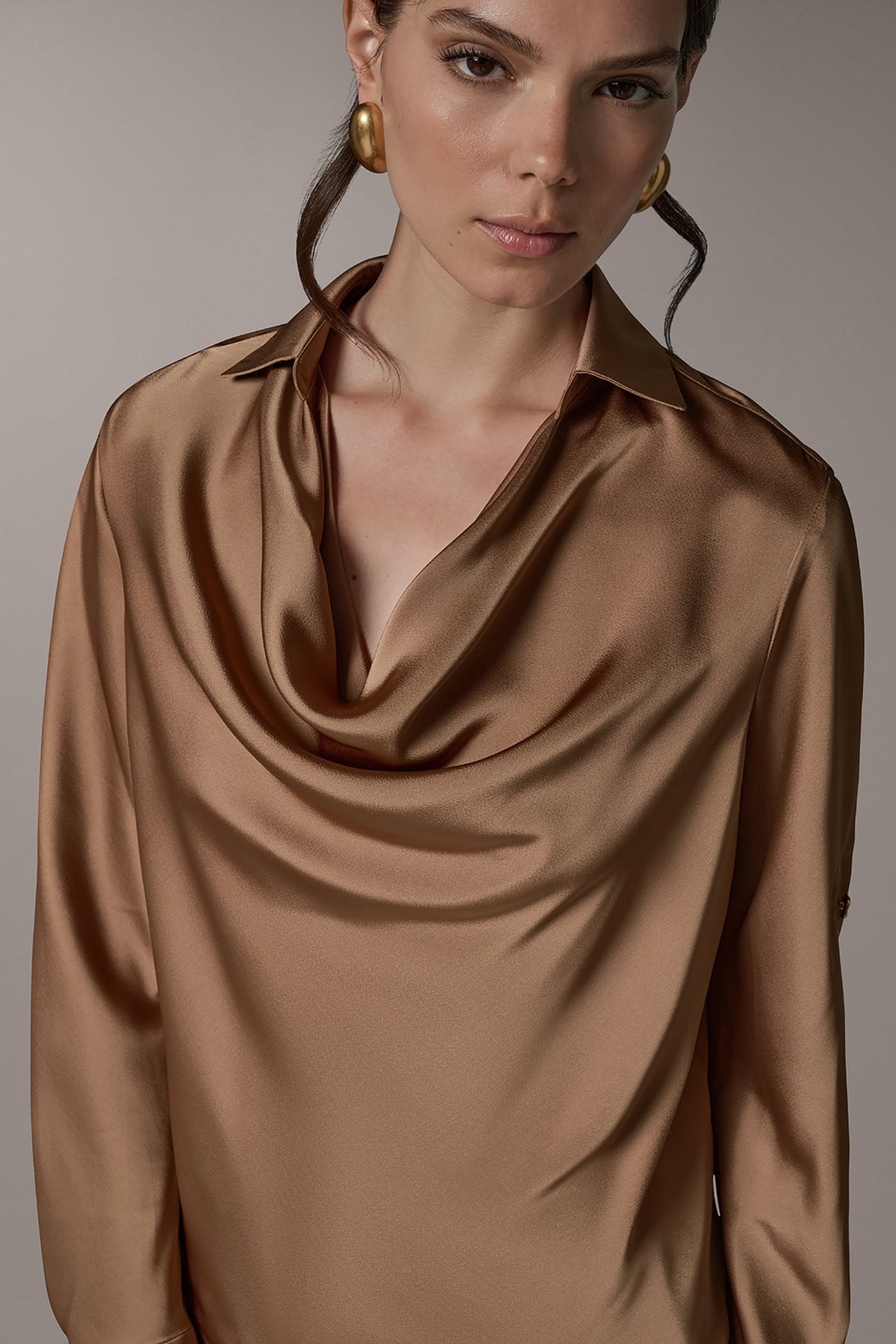 Satin Cowl-Neck Blouse with Roll-Tab Sleeves for Women