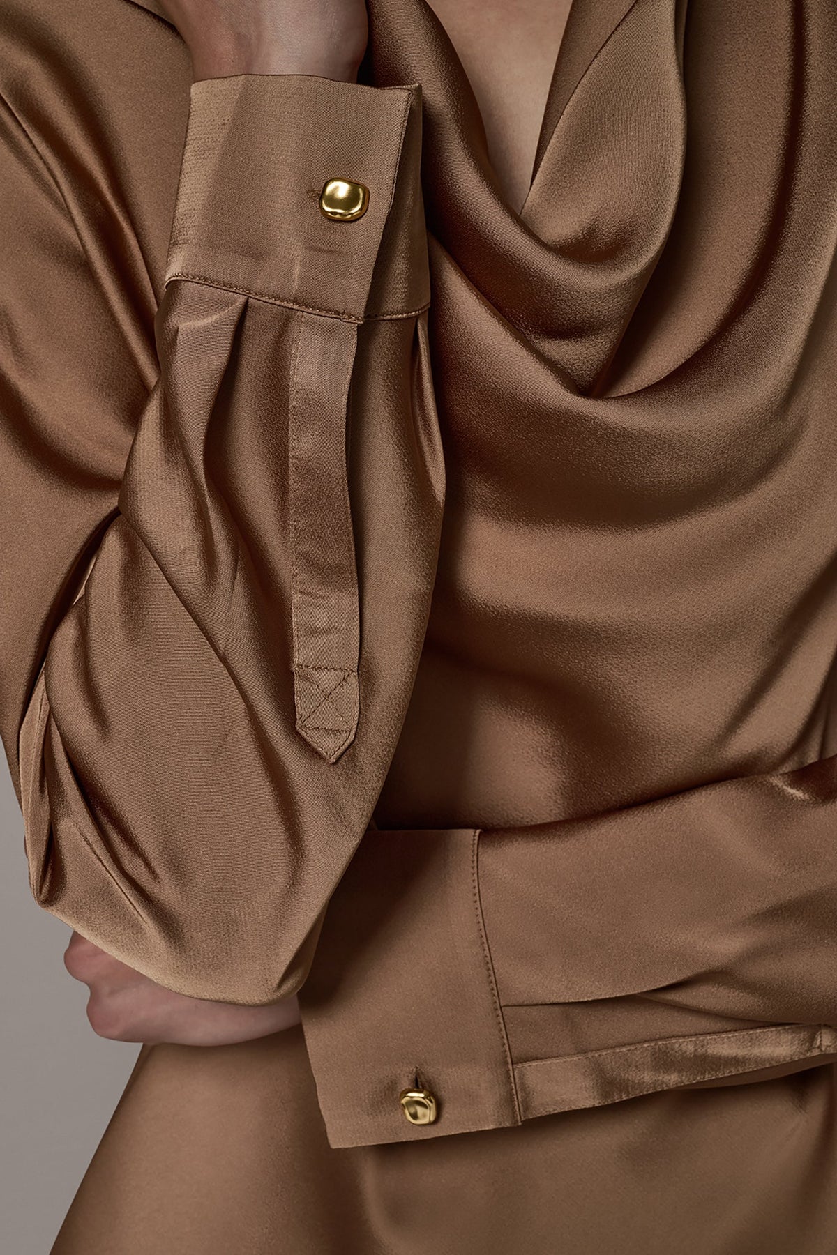 Satin Cowl-Neck Blouse with Roll-Tab Sleeves for Women