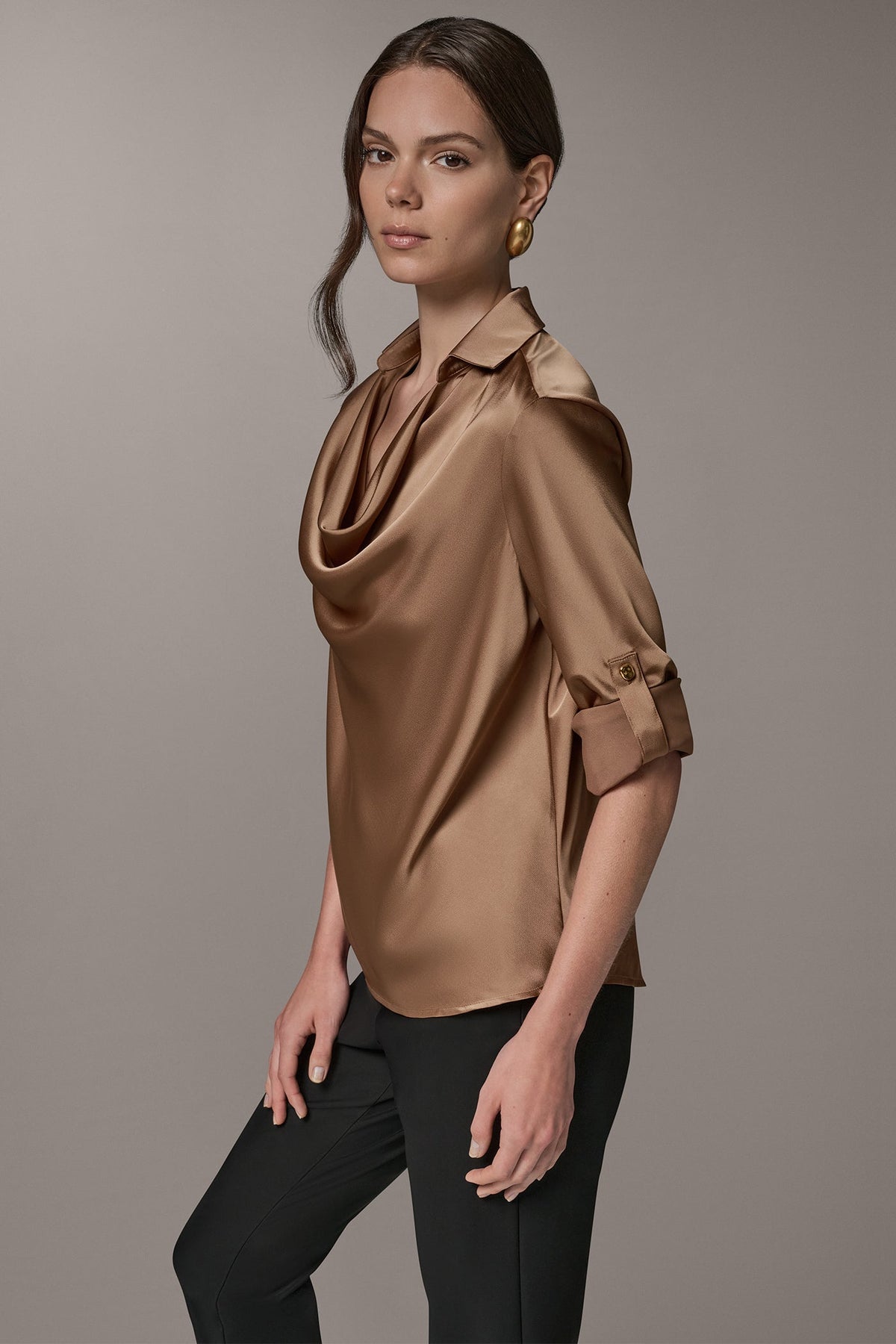Satin Cowl-Neck Blouse with Roll-Tab Sleeves for Women