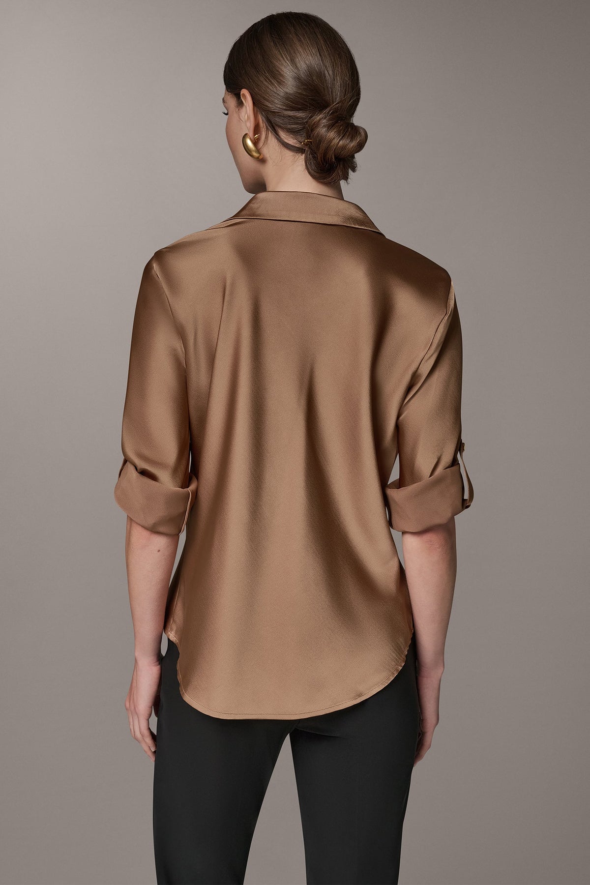 Satin Cowl-Neck Blouse with Roll-Tab Sleeves for Women