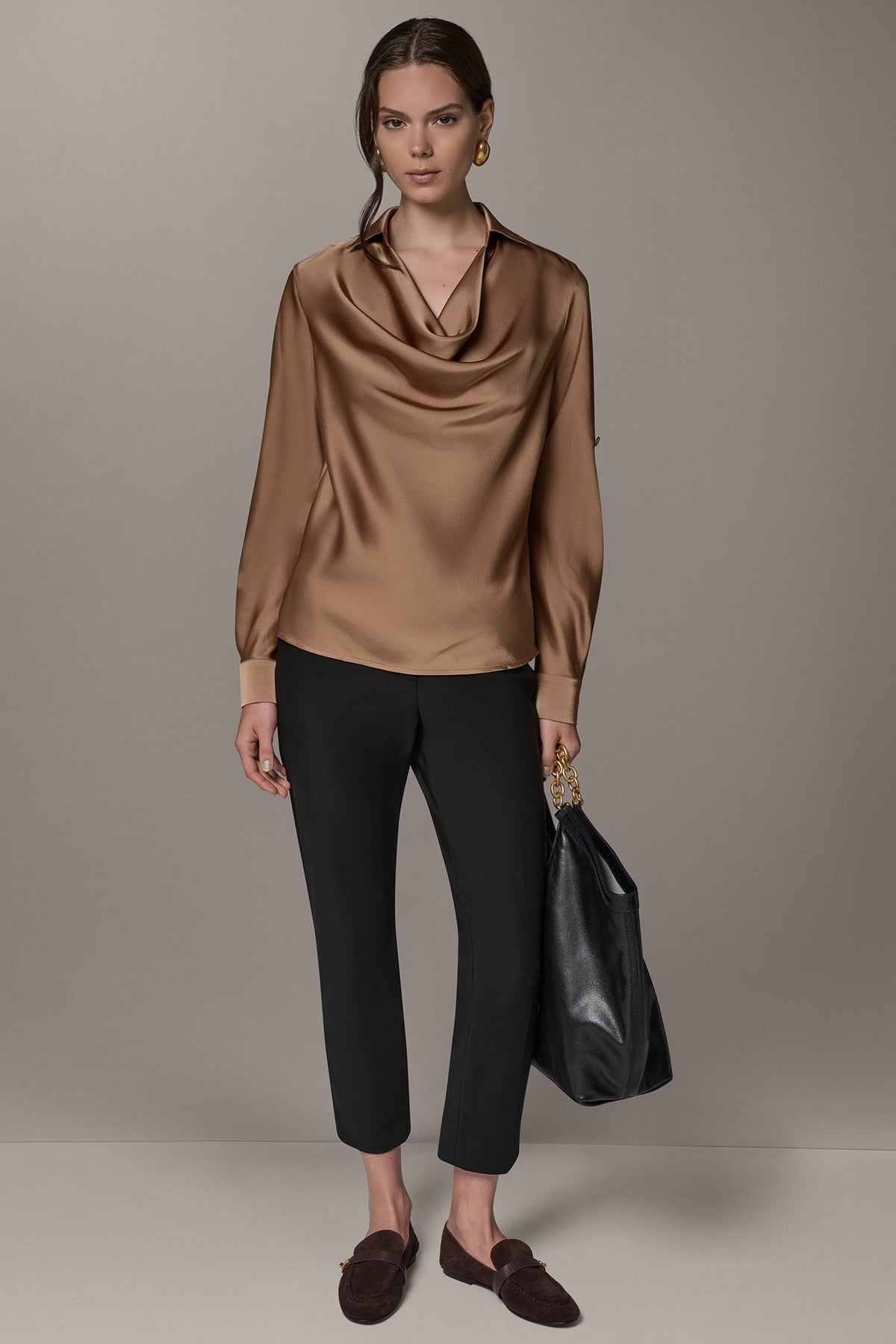 Satin Cowl-Neck Blouse with Roll-Tab Sleeves for Women
