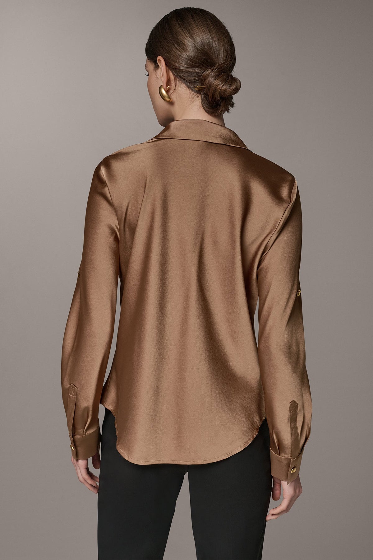 Satin Cowl-Neck Blouse with Roll-Tab Sleeves for Women