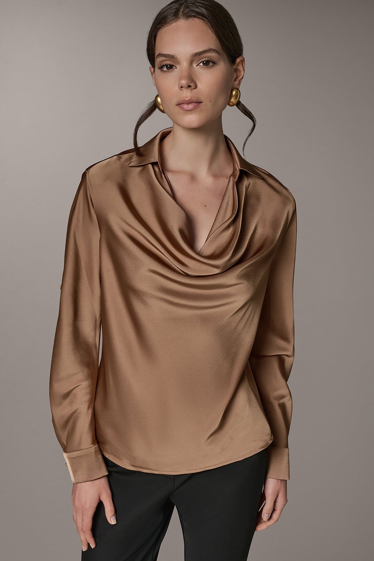 Satin Cowl-Neck Blouse with Roll-Tab Sleeves for Women