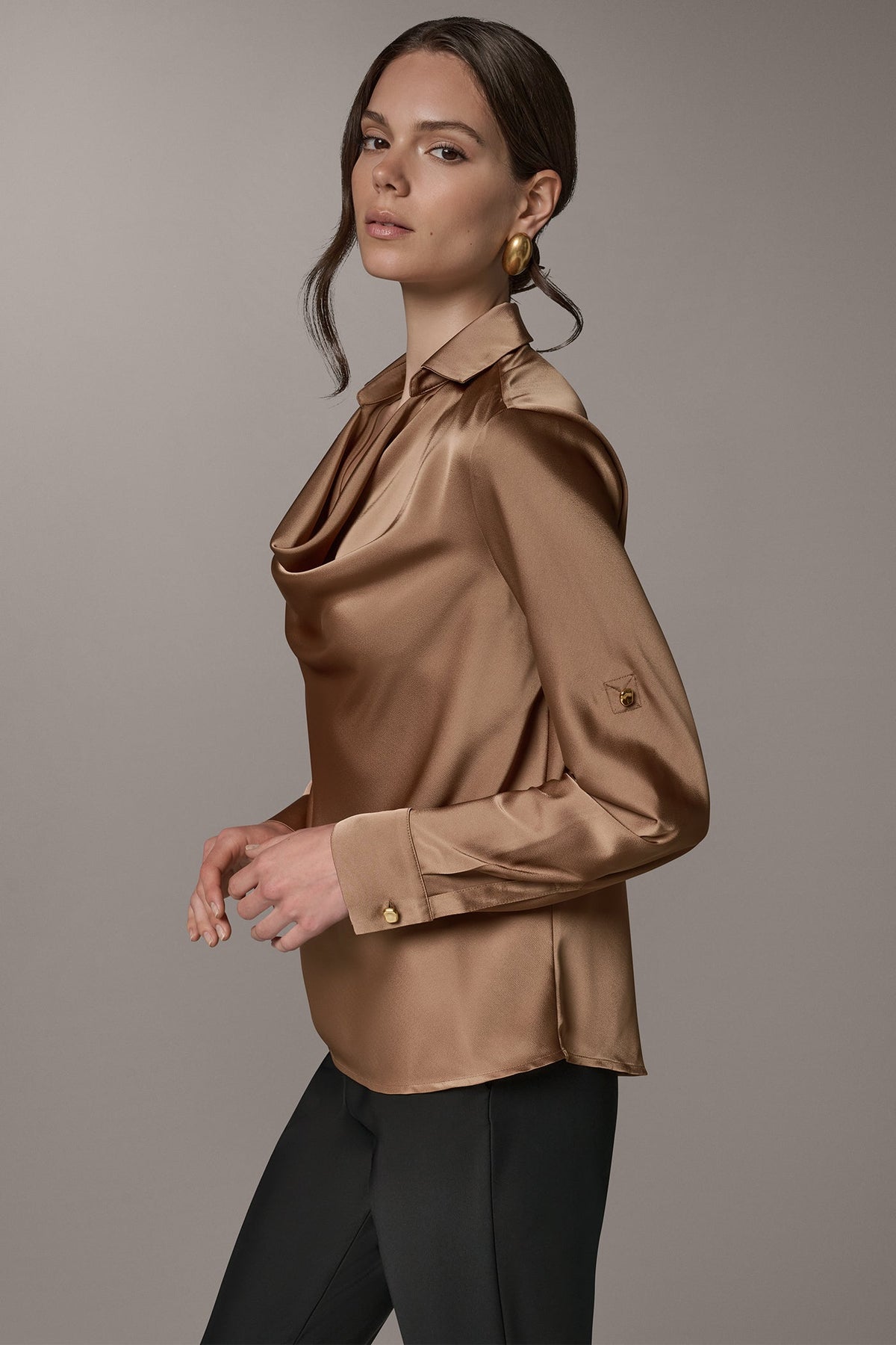 Satin Cowl-Neck Blouse with Roll-Tab Sleeves for Women