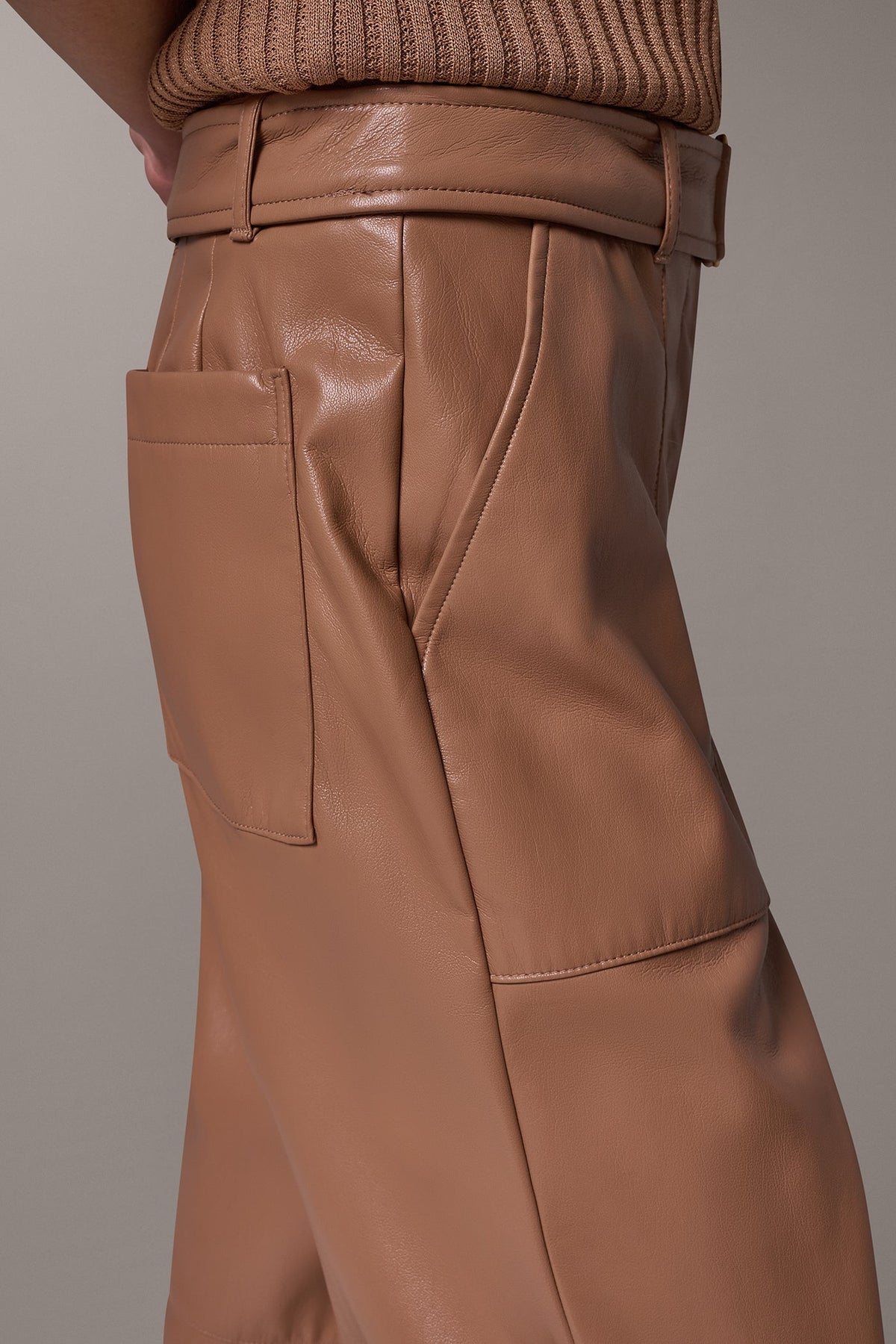 Faux Leather Relaxed Utility Trousers High-Rise Tapered with Buckle Belt for Women