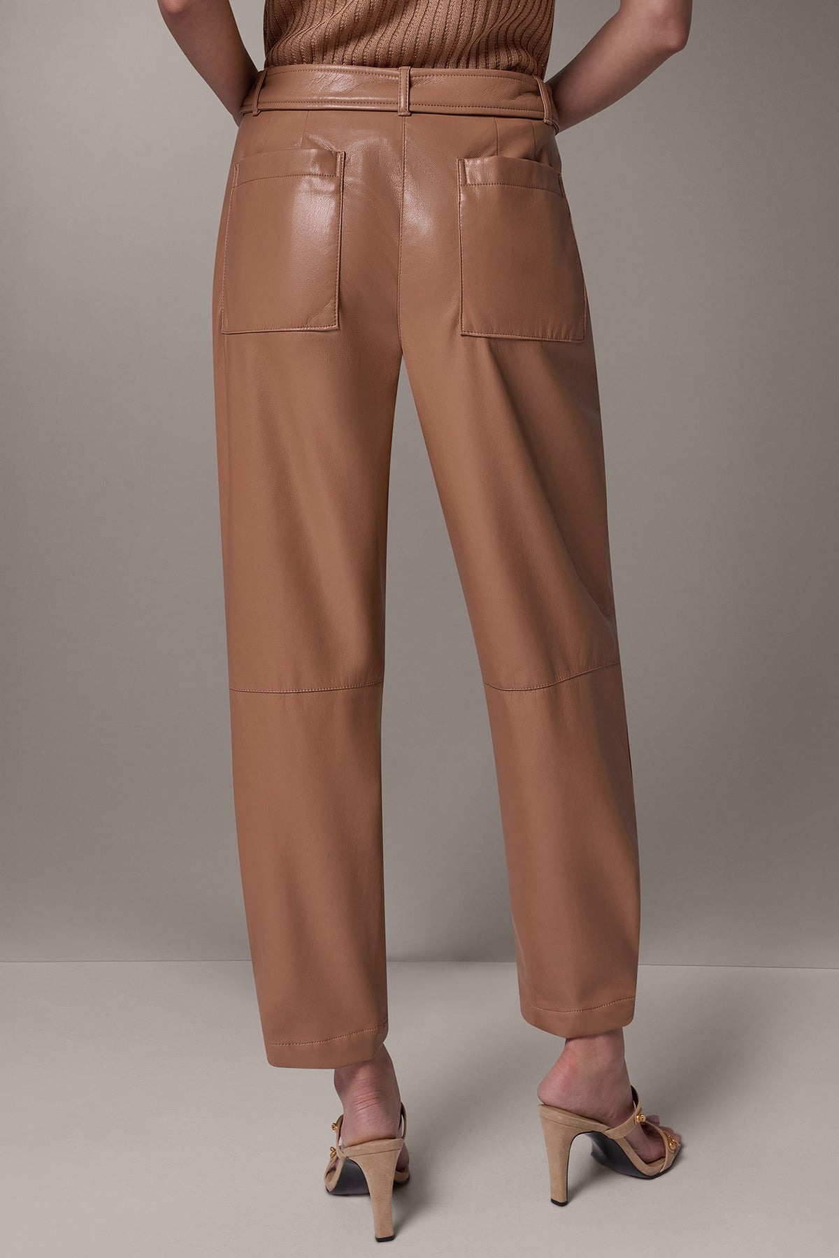 Faux Leather Relaxed Utility Trousers High-Rise Tapered with Buckle Belt for Women