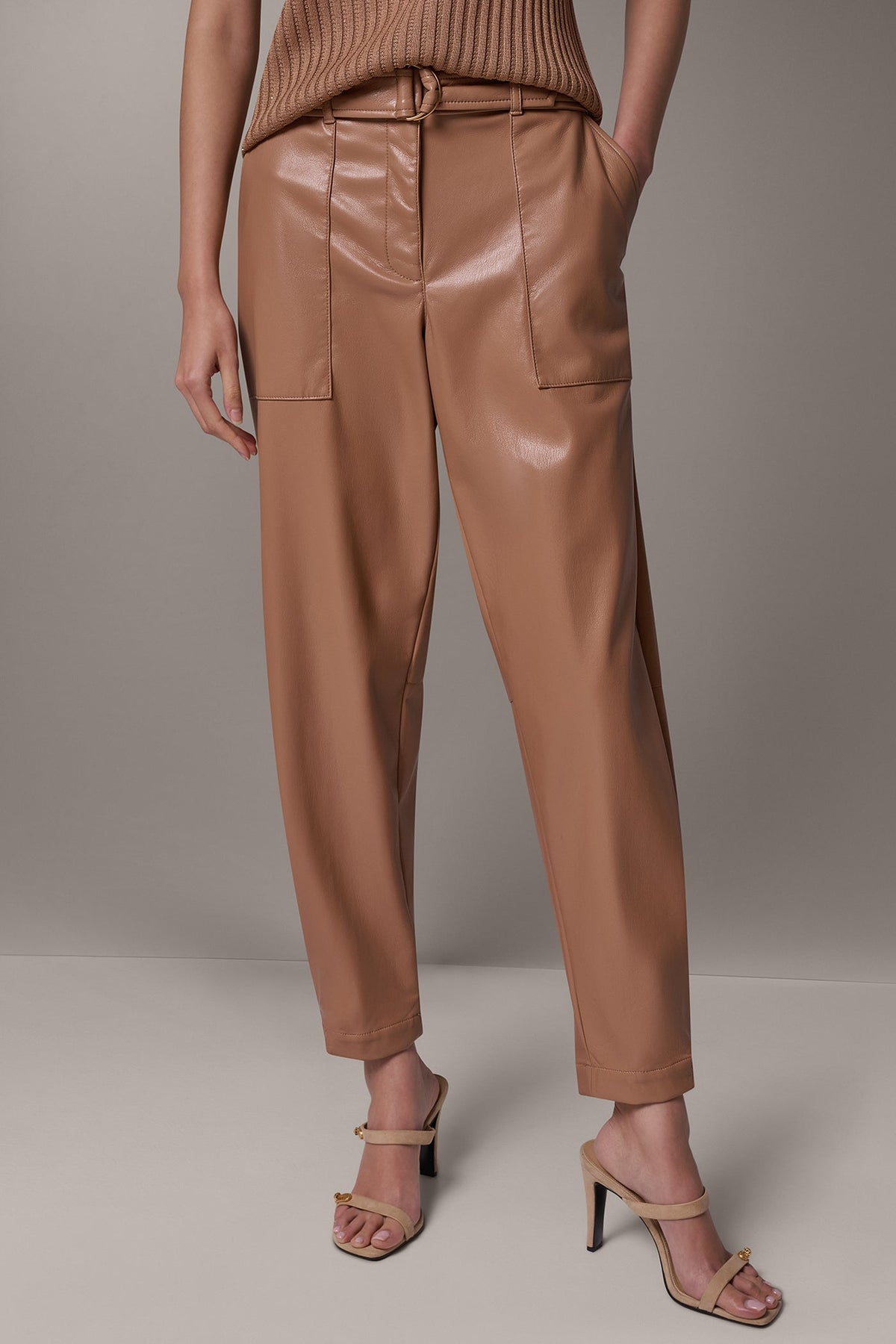 Faux Leather Relaxed Utility Trousers High-Rise Tapered with Buckle Belt for Women