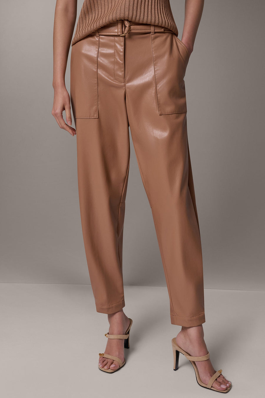 Faux Leather Relaxed Utility Trousers High-Rise Tapered with Buckle Belt for Women