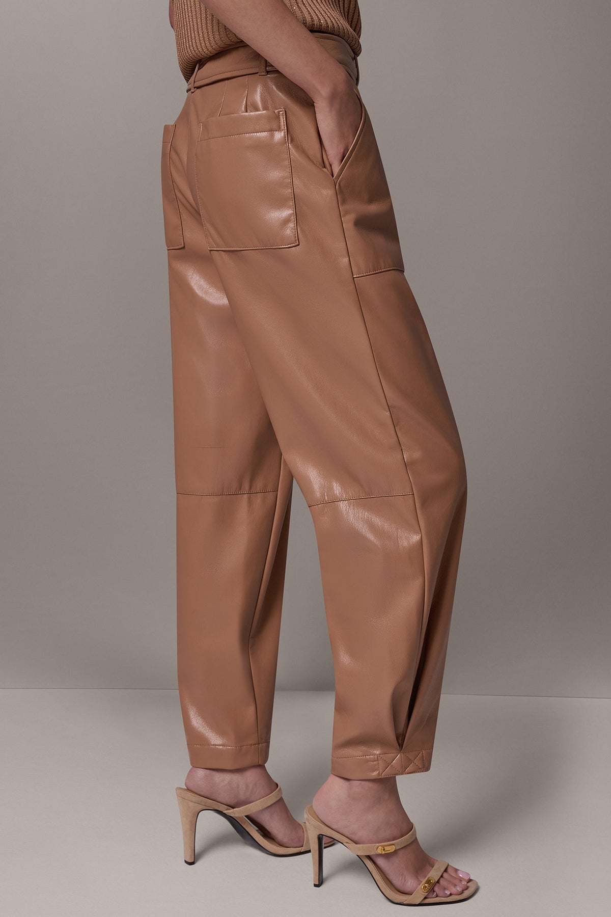 Faux Leather Relaxed Utility Trousers High-Rise Tapered with Buckle Belt for Women