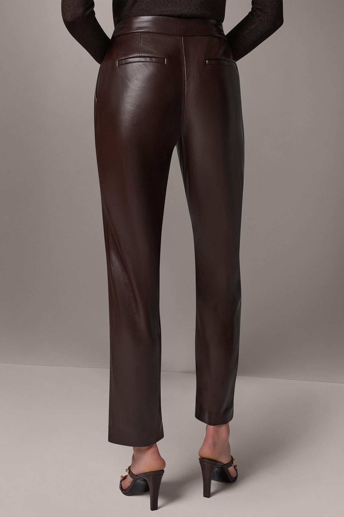 Glossy Faux Leather Slim Ankle Suit Trousers Mid-Rise for Women
