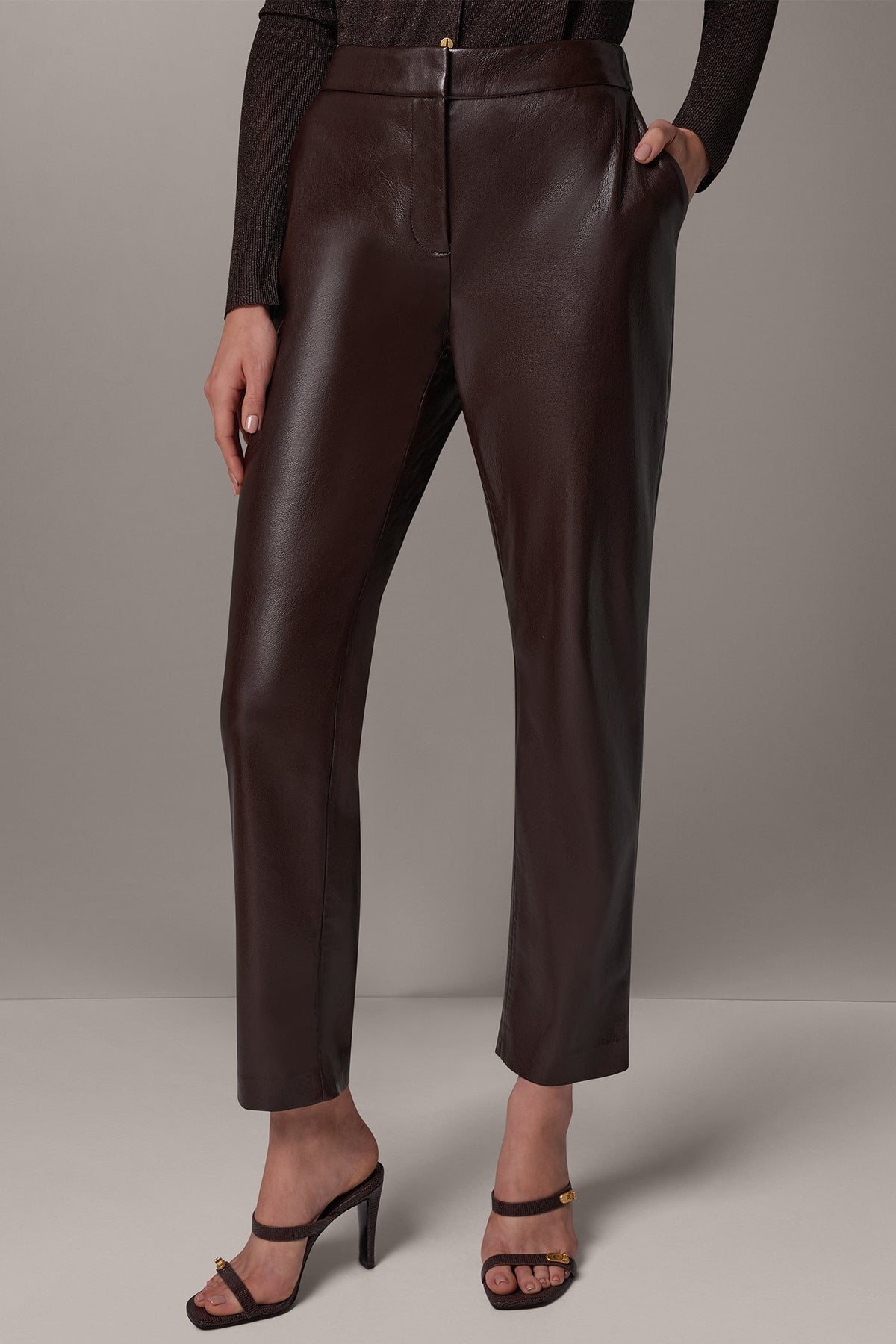 Glossy Faux Leather Slim Ankle Suit Trousers Mid-Rise for Women