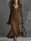 FJØRNA knit midi dress for women, featuring a fitted silhouette, long sleeves, and a classic ribbed texture, perfect for casual wear.