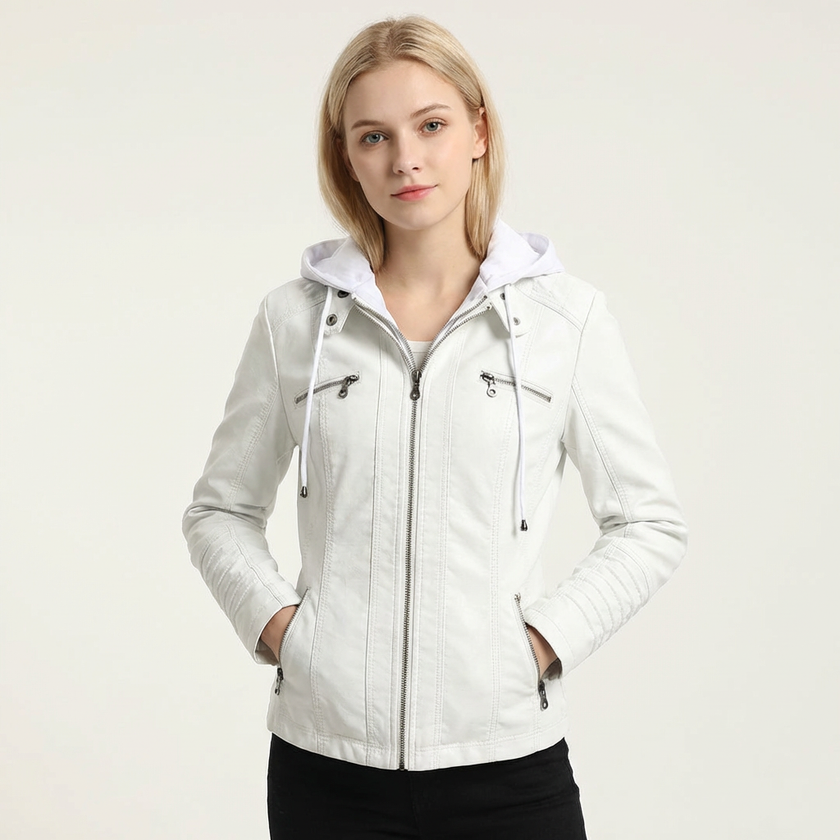 Biker Jacket Women Hooded Detachable Zip Tailored Fit