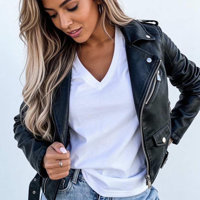 Biker Jacket Women Faux Leather Zip Lined Tailored Fit