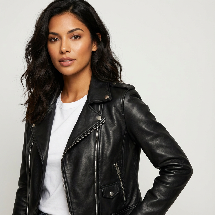 Biker Jacket Women Faux Leather Zip Lined Tailored Fit