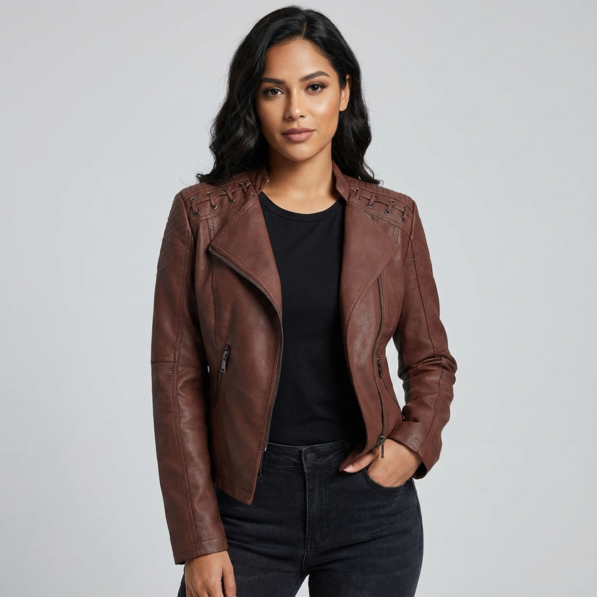 Biker Jacket Women Faux Leather Asymmetric Zip Shoulder Detail
