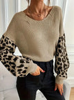 Knit Sweater Women Leopard Print Sleeves Relaxed Fit