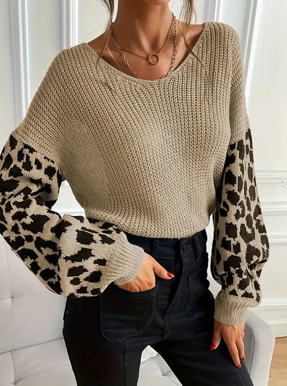 Knit Sweater Women Leopard Print Sleeves Relaxed Fit