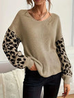 Knit Sweater Women Leopard Print Sleeves Relaxed Fit