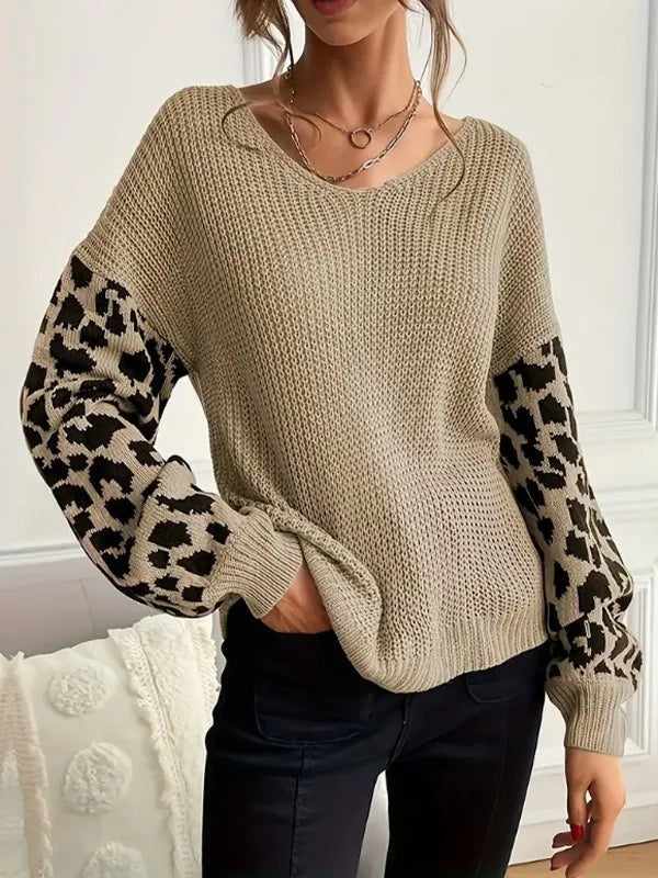 Knit Sweater Women Leopard Print Sleeves Relaxed Fit