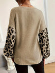 Knit Sweater Women Leopard Print Sleeves Relaxed Fit