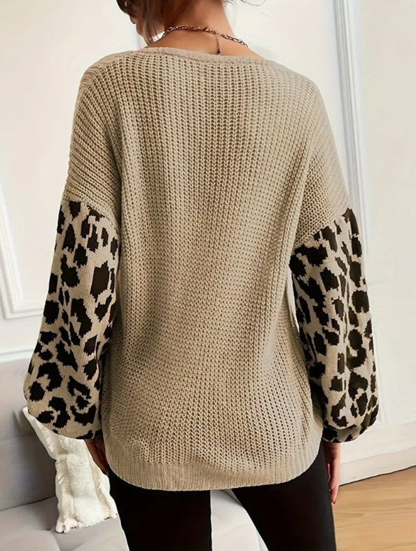 Knit Sweater Women Leopard Print Sleeves Relaxed Fit