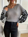 Knit Sweater Women Leopard Print Sleeves Relaxed Fit