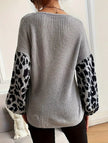 Knit Sweater Women Leopard Print Sleeves Relaxed Fit