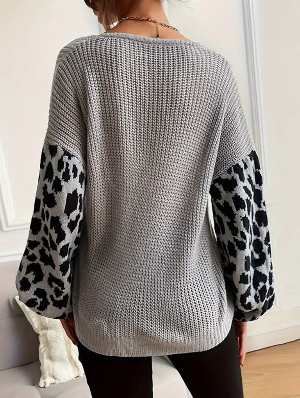 Knit Sweater Women Leopard Print Sleeves Relaxed Fit
