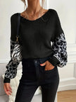 Knit Sweater Women Leopard Print Sleeves Relaxed Fit